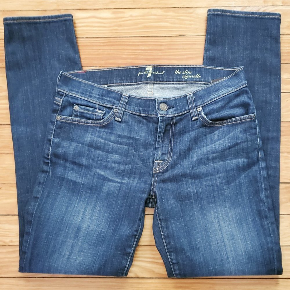 7FAM The Slim Cigarette Mid Rise Dark Wash Skinny Jean Sz 29